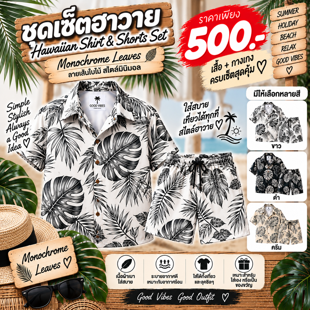 ชุดเซ็ตฮาวาย Monochrome Leaves