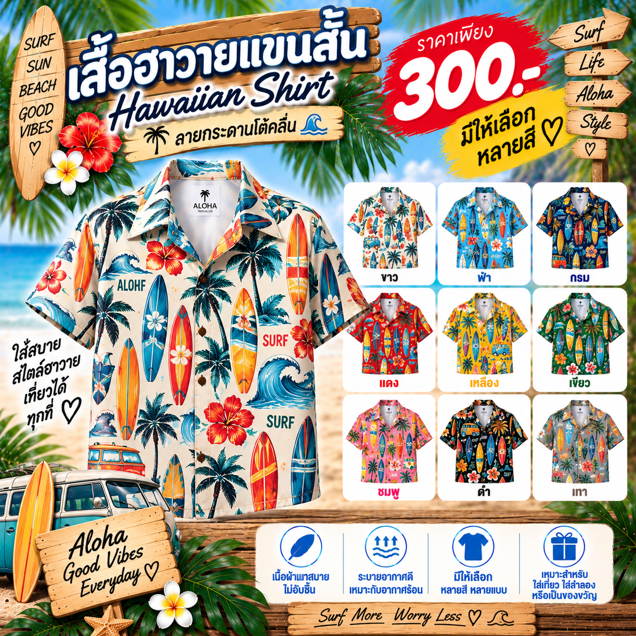 เสื้อฮาวายแขนสั้น ลายสไตล์กระดานโต้คลื่น