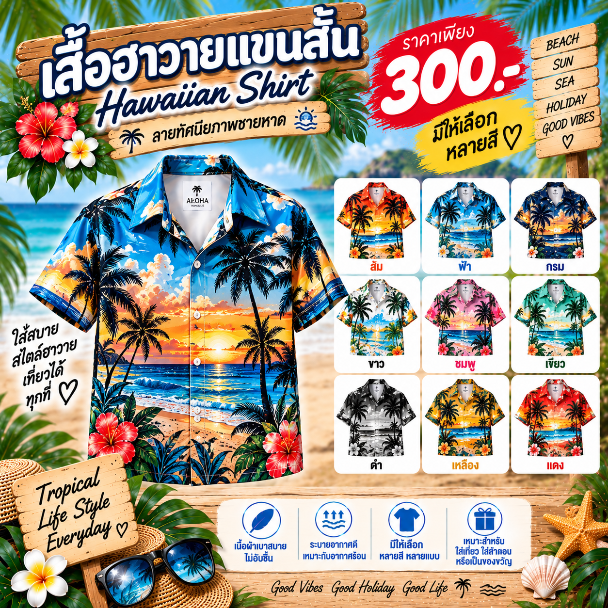เสื้อฮาวายแขนสั้น ลายทัศนียภาพชายหาด