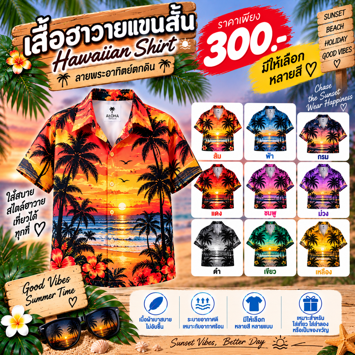 เสื้อฮาวายแขนสั้น พระอาทิตย์ตกดิน