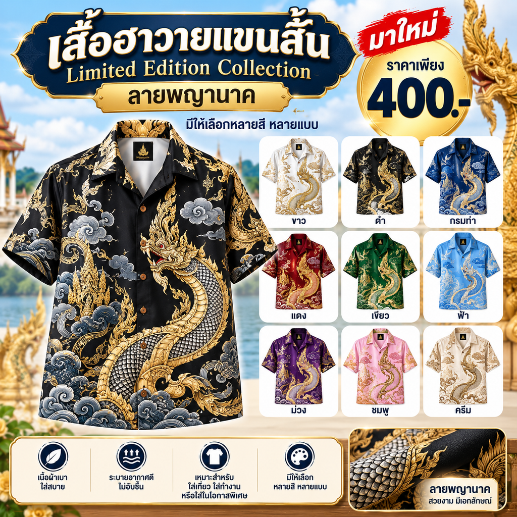เสื้อฮาวายแขนสั้น Limited Edition Collection ลายพญานาค V2
