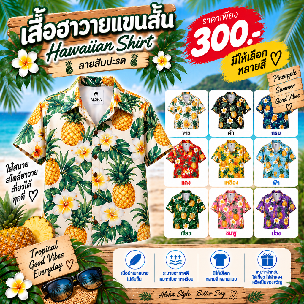 เสื้อฮาวายแขนสั้น ลายสับปะรด